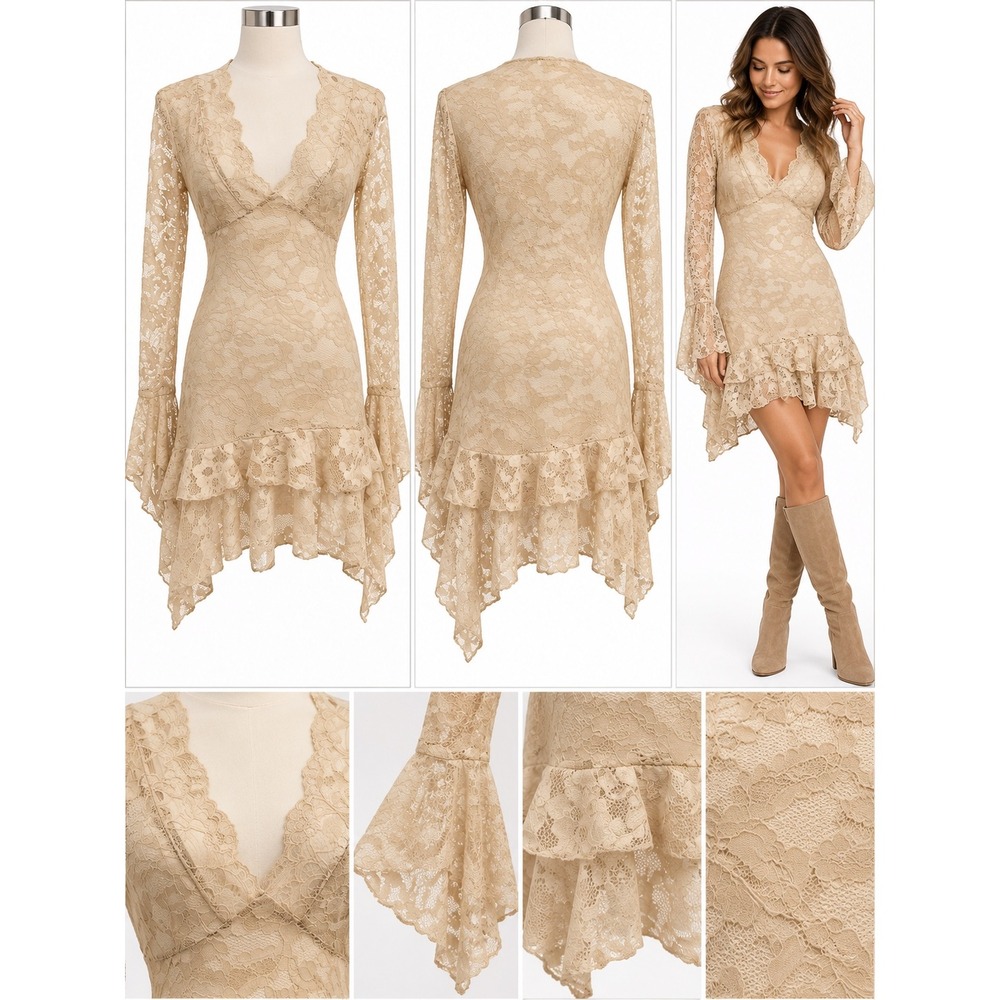 Floral Lace Long Sleeve V-Neck Ruffle Hem Mini Dress Tan Beige Boho Fairycore